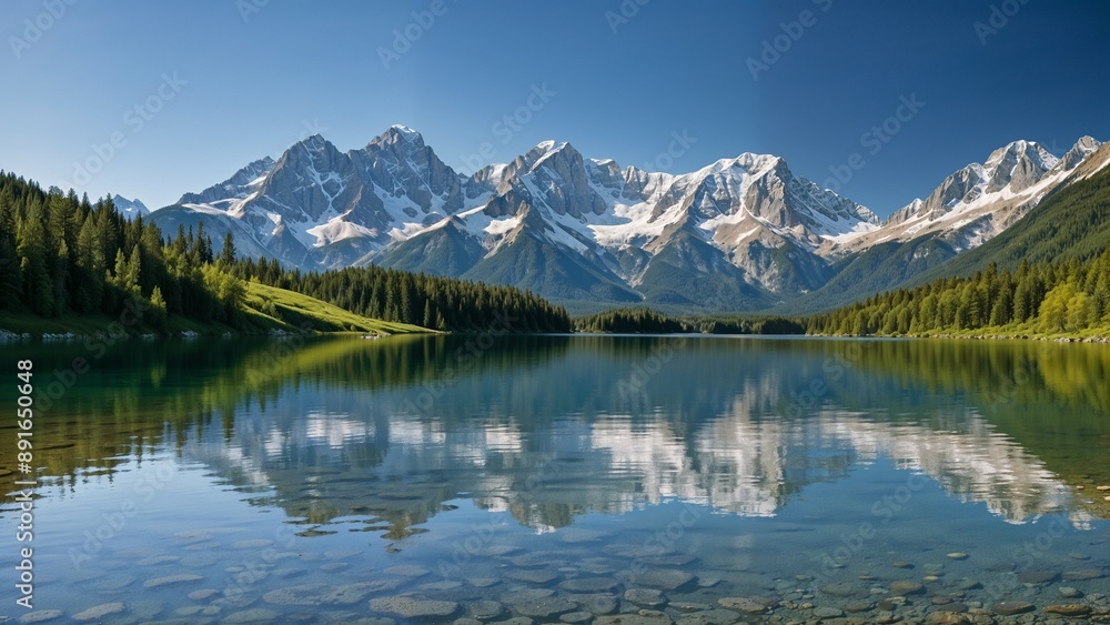 Snow-Capped Mountain Peaks Reflected in Pristine Lake with Forested Shore Snow-Capped Mountain Peaks Reflected in Pristine Lake with Forested Shore