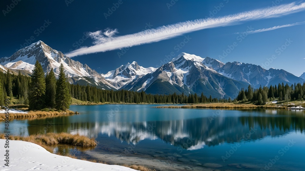 Snow-Capped Mountain Peaks Reflected in Pristine Lake with Forested Shore