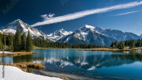 Obraz na płótnie Snow-Capped Mountain Peaks Reflected in Pristine Lake with Forested Shore w salonie