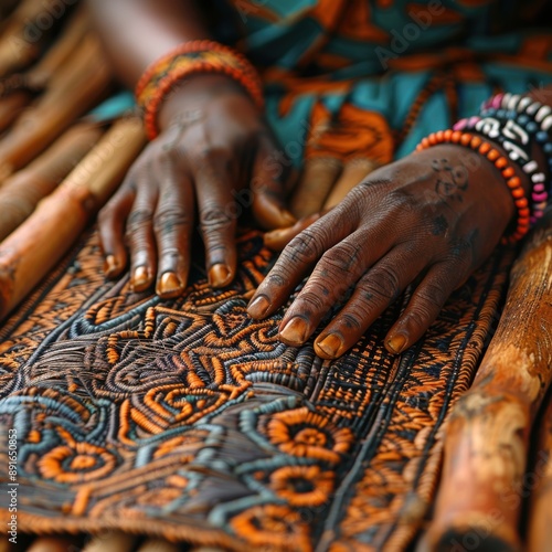 Close-Up of African Woman’s Hands Crafting Intricate Traditional Textiles, Showcasing Cultural Artistry and Detailed Handwork