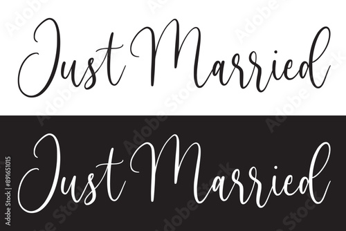 JUST MARRIED hand lettering, vector illustration. Hand drawn lettering card background. Modern handmade calligraphy. Hand drawn lettering element for your design in eps 10.