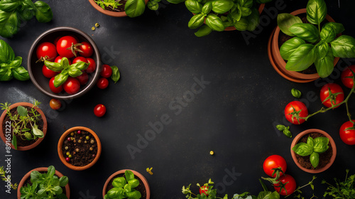 Wallpaper Mural Top-Down View of Potted Plants Including Tomatoes and Basil Torontodigital.ca