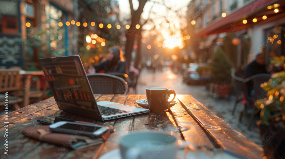 A cozy outdoor café setting with a laptop and coffee cup on a wooden table, illuminated by warm sunset light. A cozy outdoor café setting with a laptop and coffee cup on a wooden table, illuminated by warm sunset light.