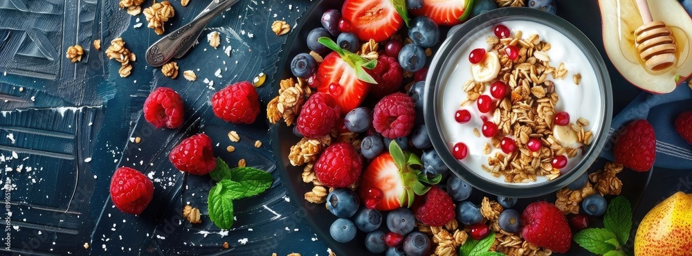 Healthy breakfast with granola, yogurt, honey, and fresh berries including strawberries, raspberries, blueberries on a dark surface. Healthy breakfast with granola, yogurt, honey, and fresh berries including strawberries, raspberries, blueberries on a dark surface.