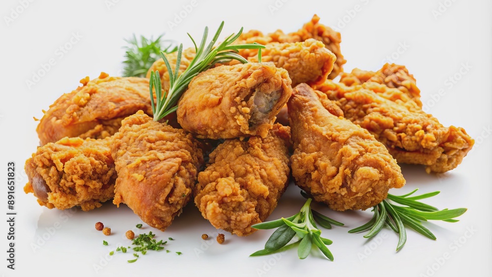 Golden brown crispy fried chicken pieces arranged artfully on a clean white background, with a few fresh herbs for garnish. Golden brown crispy fried chicken pieces arranged artfully on a clean white background, with a few fresh herbs for garnish.