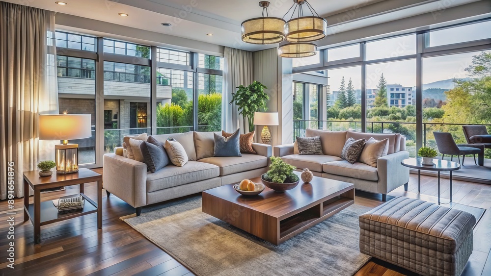 Fototapeta premium Empty modern apartment interior with open spaces, large windows, and sleek furniture, awaiting new owners to start their family life.