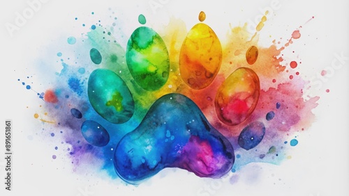 Vibrant watercolor depiction of a colorful rainbow dog paw print on a crisp white background with whimsical splatters. photo