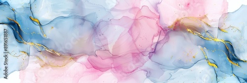Elegant abstract fluid art showcasing pastel blue and pink hues with golden accents and soft transitions.