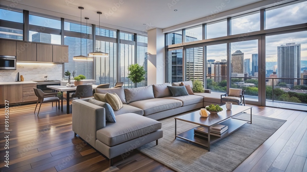 Modern living room with empty walls, sleek furniture, and large windows, showcasing a desirable urban apartment for sale or rent. Modern living room with empty walls, sleek furniture, and large windows, showcasing a desirable urban apartment for sale or rent.