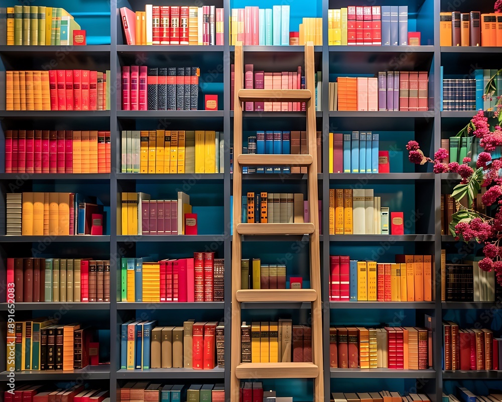 Sleek minimalistic library with detailed background, wooden ladder, and vibrant book-filled shelves. Sleek minimalistic library with detailed background, wooden ladder, and vibrant book-filled shelves.