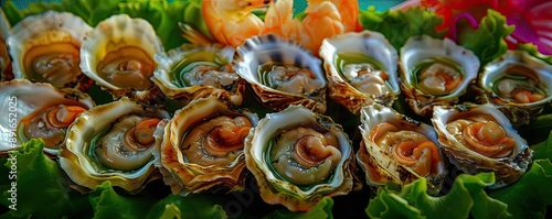 Close-up of delicious grilled oysters on a bed of fresh greens. Ideal for seafood, cuisine, and dining themes. photo