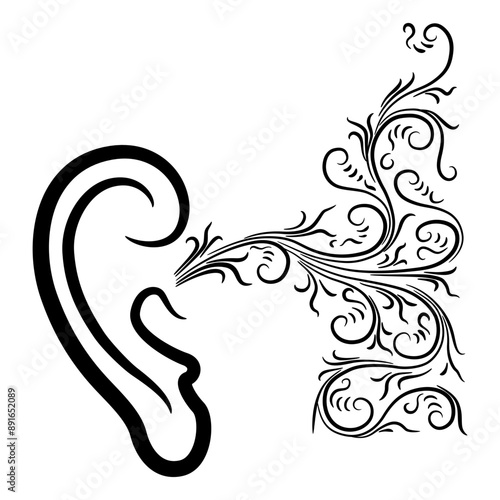Stylized human ear with sound waves. Symbol of hearing process. Black and white silhouette.