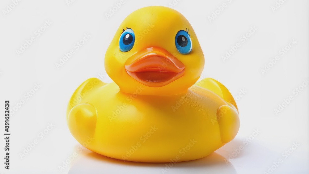 Adorable bright yellow rubber duck isolated on a white background with shiny beak and sweet curious blue eyes looking up. Adorable bright yellow rubber duck isolated on a white background with shiny beak and sweet curious blue eyes looking up.
