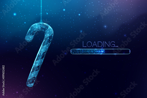 Wireframe candy cane and loading bar, low poly style. Merry Christmas and New Year banner. Abstract modern vector illustration.