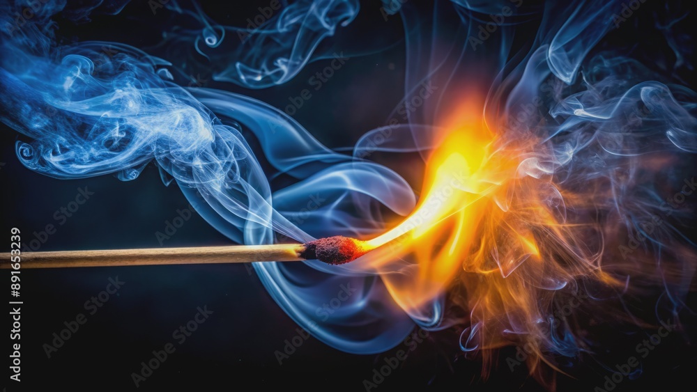 Obraz premium Dramatic close-up of solitary matchstick igniting in darkness, surrounded by radiant sparks and smoke, against a pitch-black background.