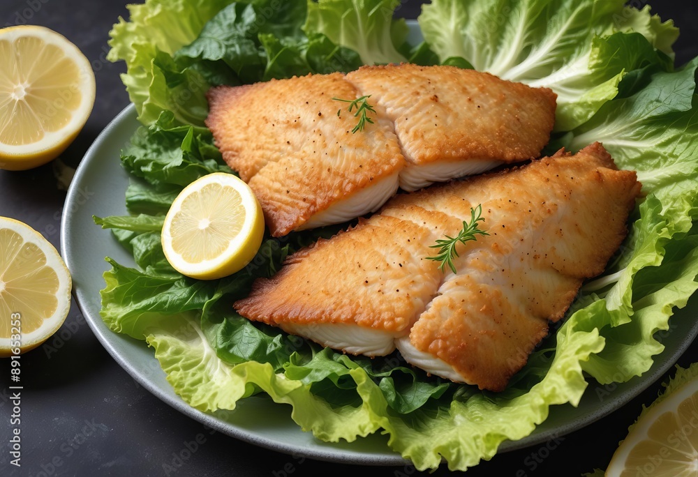 photo fried fish on lettuce with lemon slices on marble table. photo fried fish on lettuce with lemon slices on marble table.