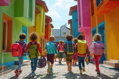 A group of children joyfully walking towards a brightly colored school building, each carrying a backpack filled with supplies