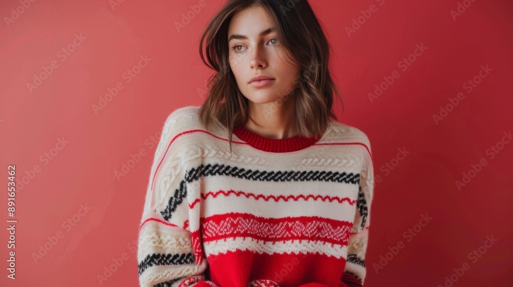 closeup of female model wearing knitted sweater closeup of female model wearing knitted sweater