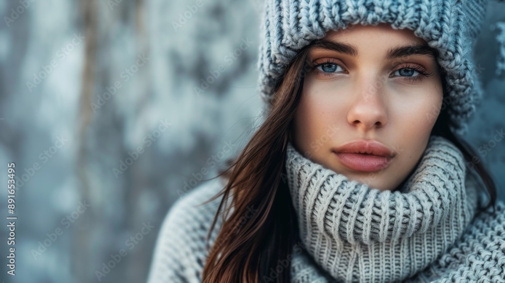A woman is wrapped up in a blanket in the snowy environment, perfect for winter scenes and cold weather photography A woman is wrapped up in a blanket in the snowy environment, perfect for winter scenes and cold weather photography