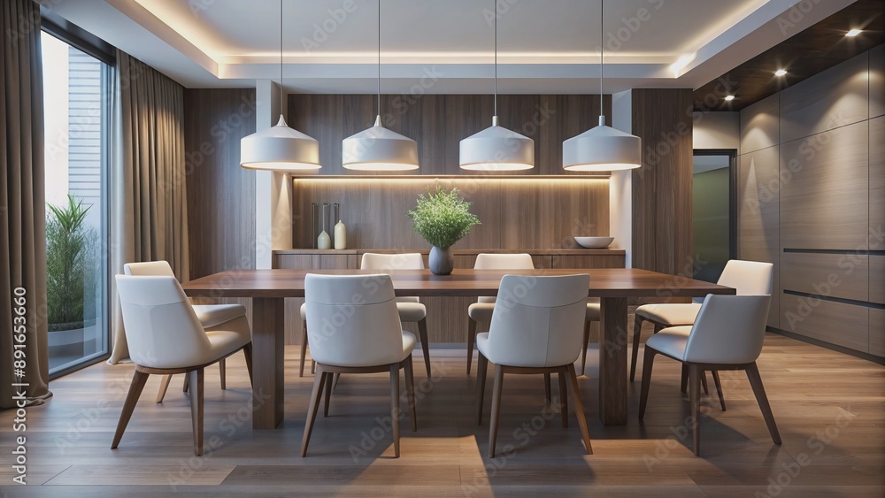 Fototapeta premium Sleek dark wood table surrounded by minimalist white chairs illuminated by pendant lights in a spacious open plan space.