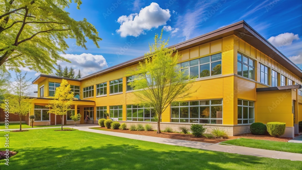 Fototapeta premium A bright yellow elementary school building's rear facade gleams in warm sunlight on a serene, cloudless spring morning backdrop.