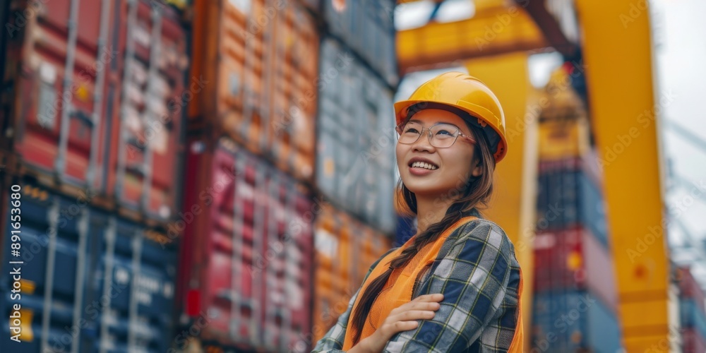 A female model dressed in full field supervisor clothing, standing beside a sea shipping truck with a container in the background, portraying logistics and transportation management A female model dressed in full field supervisor clothing, standing beside a sea shipping truck with a container in the background, portraying logistics and transportation management