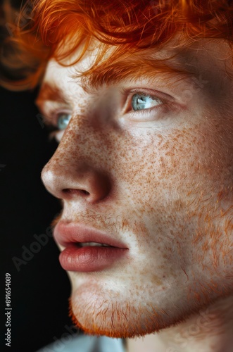 Close-up portrait of a handsome red haired man with freckles and green eyes.