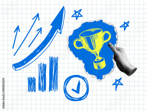 Modern collage with winner cup, sales graph, up arrow, check mark on a checkered sheet. Successful business concept. Trendy newspaper and torn paper elements. Achieving success. Winning a prize