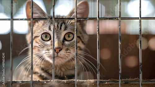 Close-up of a cute brown tabby cat behind bars, looking out with wide eyes. The background is blurred, highlighting the cat's expression. photo