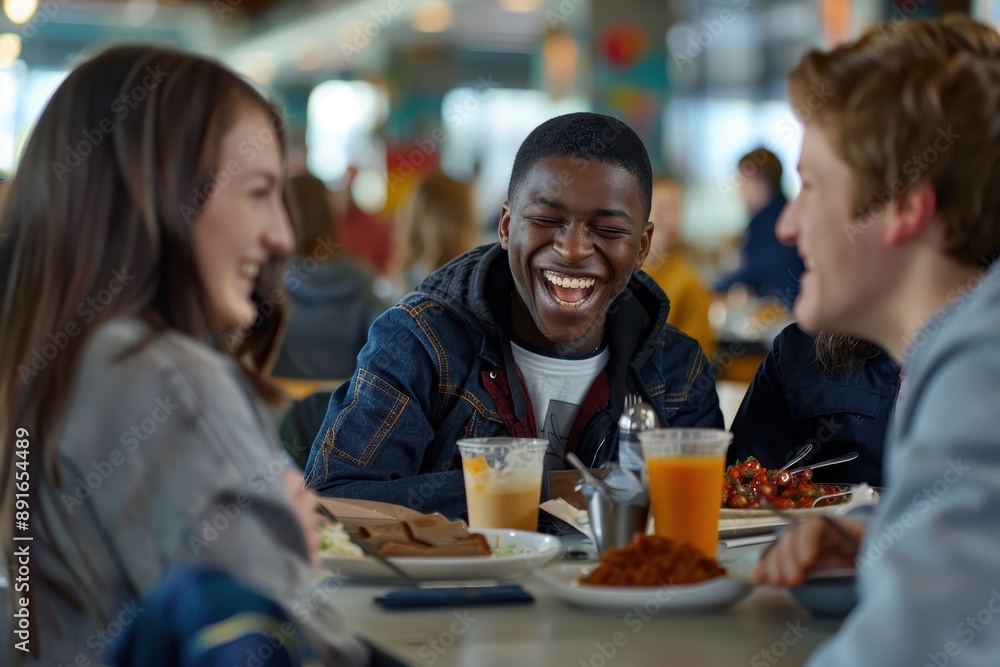A group of friends sitting together in the cafeteria, laughing and enjoying their lunch. A group of friends sitting together in the cafeteria, laughing and enjoying their lunch.
