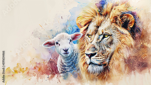 Lion of Judah and lamb - symbolic watercolor art of peace and strength. It can be used for religious and spiritual purposes or as a representation of harmony and strength. photo