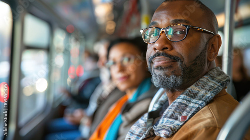 Middle-aged man wearing glasses and a scarf, commuting to work on a bus with other passengers in the background.