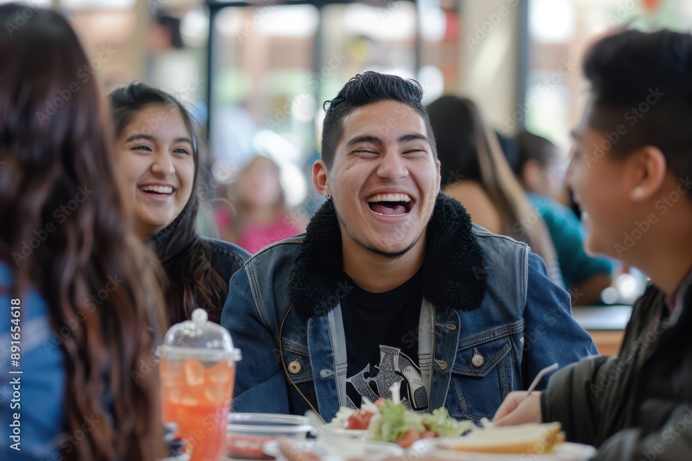 A group of friends sitting together in the cafeteria, laughing and enjoying their lunch. A group of friends sitting together in the cafeteria, laughing and enjoying their lunch.