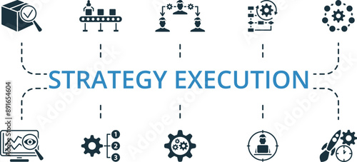 Strategy Execution icon set. Monochrome simple Strategy Execution icon collection. Quality Control, Production Line, Delegating Tasks, Workflow Automation, Planning Process, Monitoring System