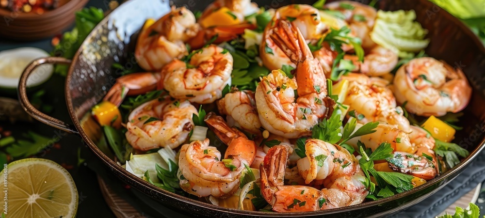 Delicious grilled shrimp salad with fresh greens, mango pieces, and a zesty lime garnish in a rustic pan. Perfect for healthy summer meals. Delicious grilled shrimp salad with fresh greens, mango pieces, and a zesty lime garnish in a rustic pan. Perfect for healthy summer meals.