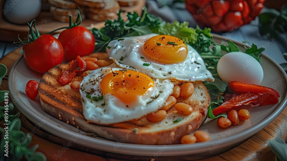 Delicious breakfast with fried eggs, beans, and tomatoes on a plate, garnished with greens for a hearty meal. Delicious breakfast with fried eggs, beans, and tomatoes on a plate, garnished with greens for a hearty meal.