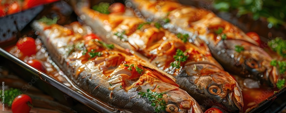 Delicious baked fish garnished with herbs and cherry tomatoes on a tray, showcasing a perfect seafood meal. Delicious baked fish garnished with herbs and cherry tomatoes on a tray, showcasing a perfect seafood meal.