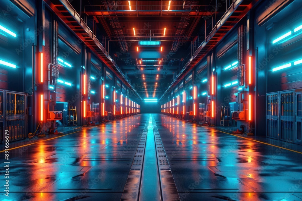 Fototapeta premium Industry 40 tech warehouse, digital goods visualization, futuristic process, blue neon glow, wideangle, hightech design