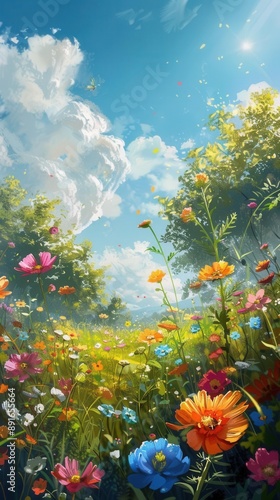 Meadow in spring, colorful flowers, lush greenery, bright sun, soft breeze, serene and cheerful illustration photo