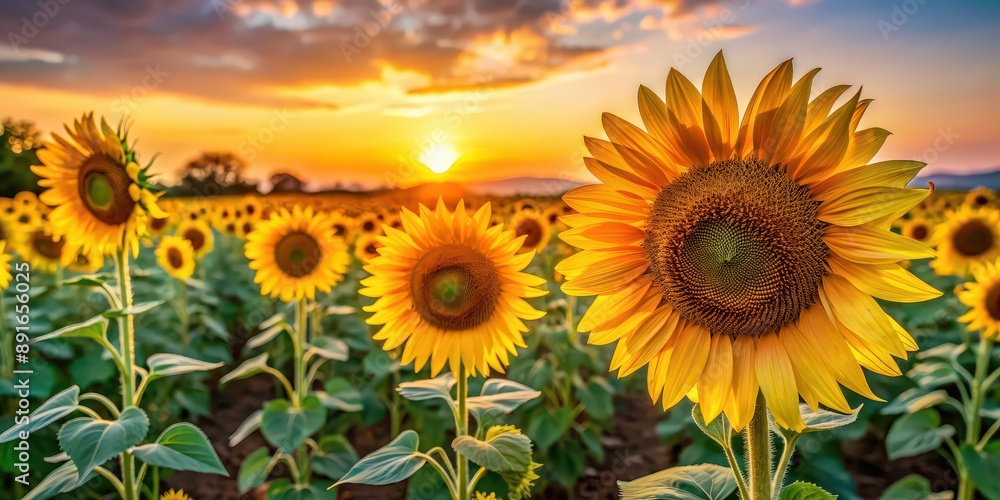 Close up view of vibrant sunflower flowers in an evening field, sunflower, flowers, field, close up, evening, nature, yellow, petals Close up view of vibrant sunflower flowers in an evening field, sunflower, flowers, field, close up, evening, nature, yellow, petals