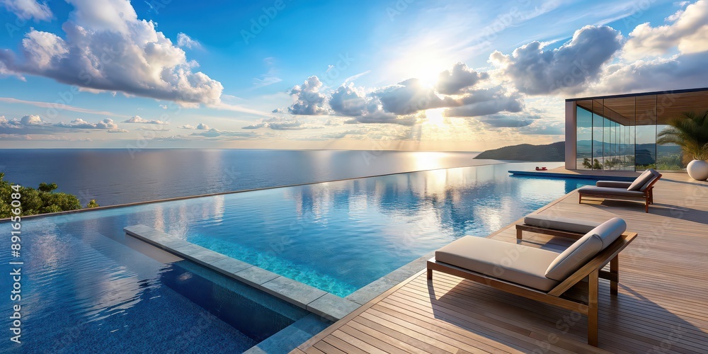 Fototapeta premium Luxurious infinity pool area overlooking the serene sea view, infinity pool, luxury, relaxation, vacation, travel, tropical