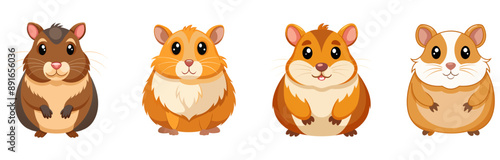 Vector illustration of four cute hamsters with different fur colors, each with large, expressive eyes and a cheerful expression. Flat cartoon style