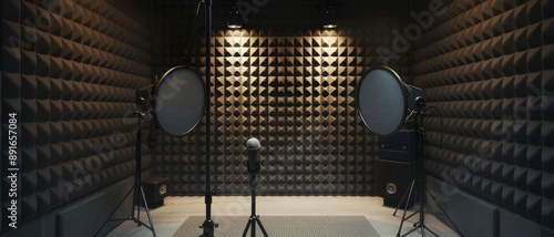 An acoustically treated recording studio, featuring a professional microphone setup and ambient lighting, ideal for high-quality audio production. photo