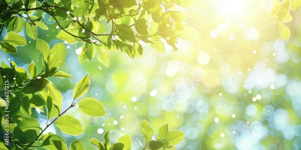 A lush green bokeh backdrop adorned with fresh leaves and sun flares creates an idyllic setting, perfect for evoking the ambiance of summer or spring A lush green bokeh backdrop adorned with fresh leaves and sun flares creates an idyllic setting, perfect for evoking the ambiance of summer or spring