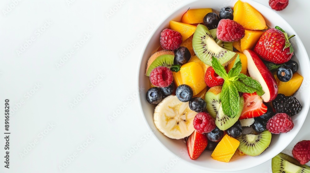 A bowl of fresh exotic fruit salad on a white summer background, offering a healthy breakfast option. The composition includes ample copy space and a top view perspective A bowl of fresh exotic fruit salad on a white summer background, offering a healthy breakfast option. The composition includes ample copy space and a top view perspective