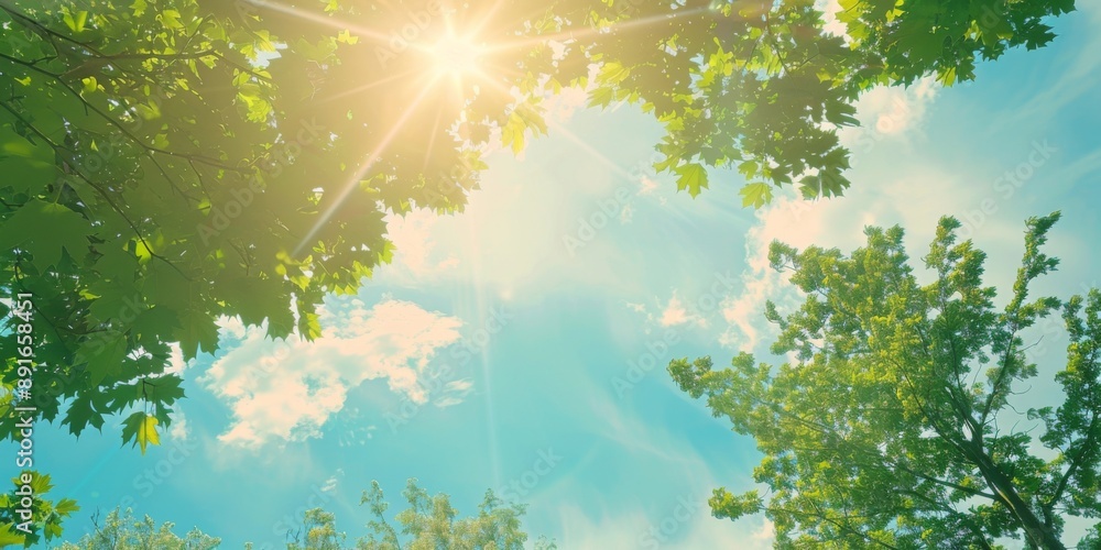 Lush green foliage with sunlight streaming through the trees, creating a tranquil and serene natural backdrop Lush green foliage with sunlight streaming through the trees, creating a tranquil and serene natural backdrop