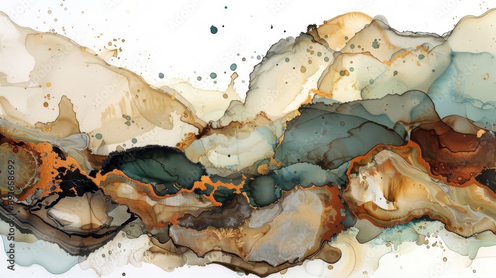 Mesmerizing abstract art piece featuring earthy tones, green highlights, and gold accents created with alcohol inks. Mesmerizing abstract art piece featuring earthy tones, green highlights, and gold accents created with alcohol inks.