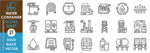 A set of line icons related to water container. Water, tank, liquid, bottle, purifier, jar, pool, well, pipes, filter, distill, barrel, and so on. Vector outline icons set.