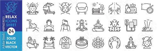 A set of line icons related to relax. Spa, sauna, nature, sleep, bath, yoga, hot spring, hair wash, incense, fish, massage and so on. Vector outline icons set.