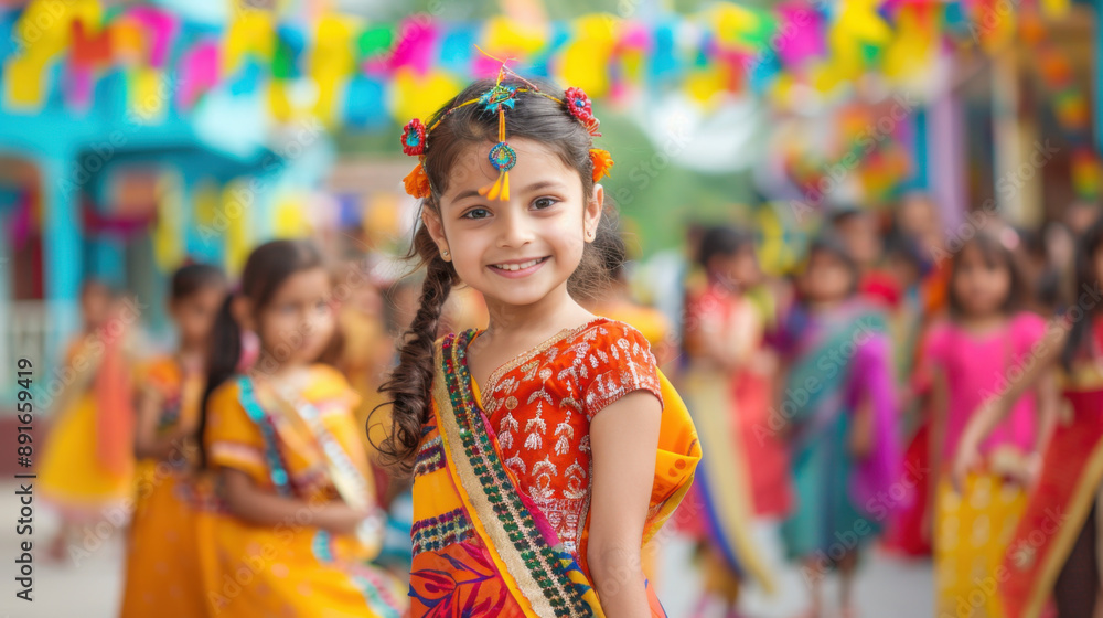 Fototapeta premium Young girl in vibrant traditional dress, smiling brightly at an outdoor cultural festival with colorful decorations.